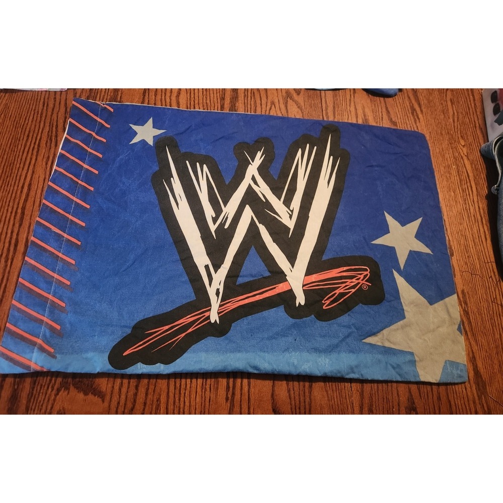 Vintage WWE Wrestling Pillowcase Triple H John Cena Logo Stars Blue Gray - Picture 2 of 4